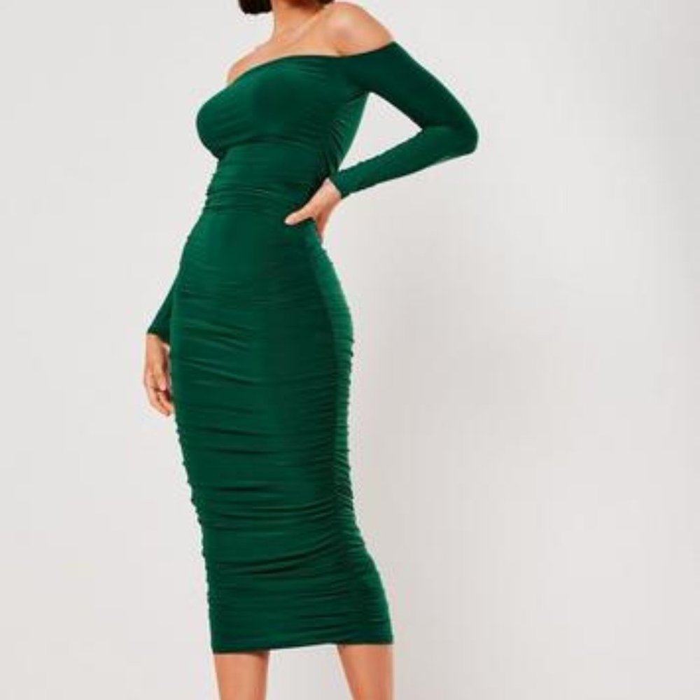 green bardot slinky ruched bodycon dress